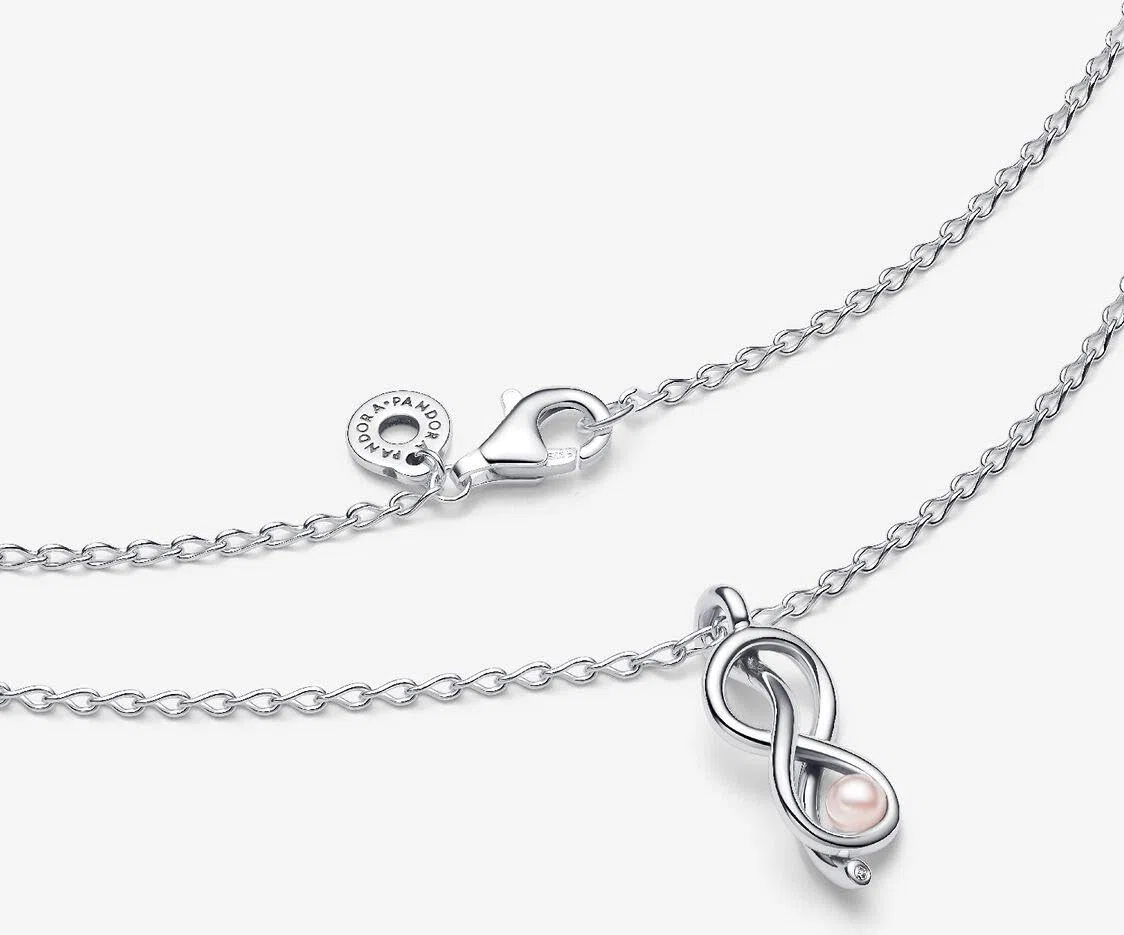 Pandora Moments 393762C01-50 Collier nœud Infini en Argent Sterling Avec zircone et Perle artificielle, Taille : 50 cm, 50 cm, Argent Sterling, Zircone cubique