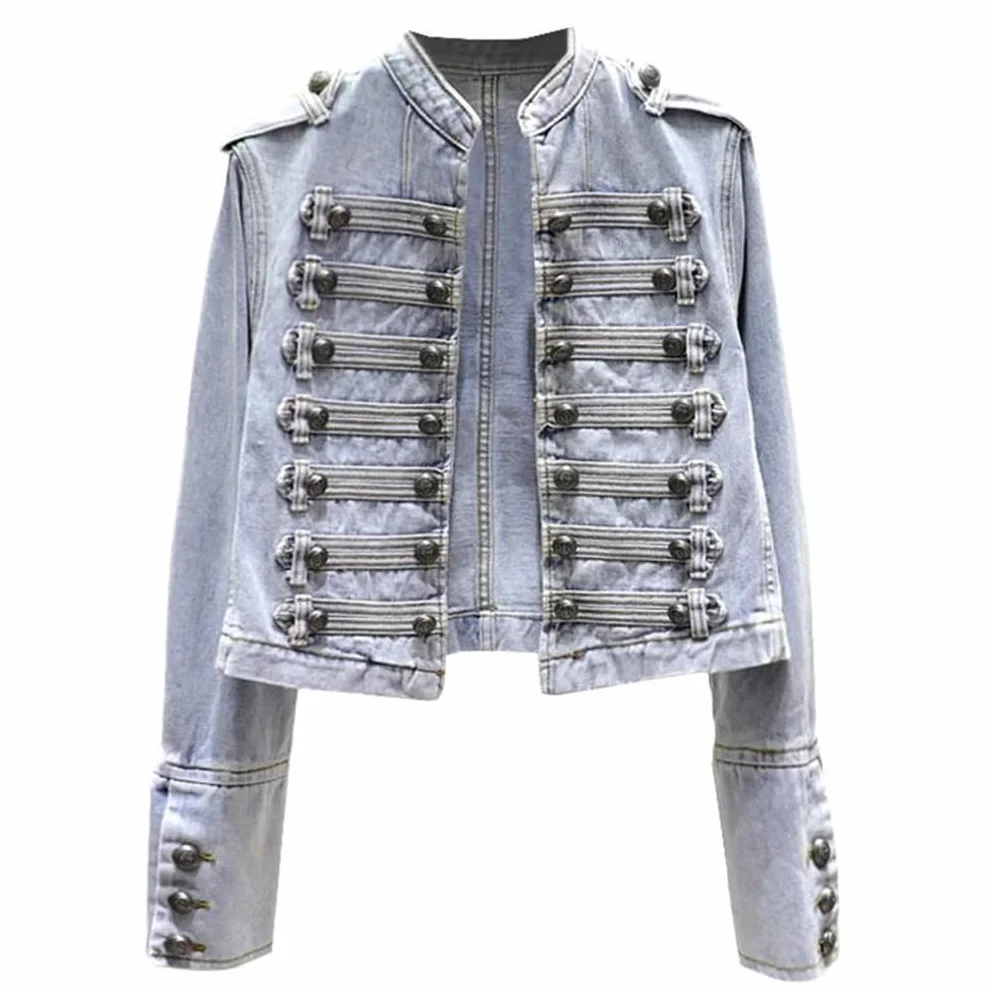 Hndudnff Chaquetas de mezclilla con cuello alto militar para mujer, chaqueta de mezclilla corta de doble botonadura