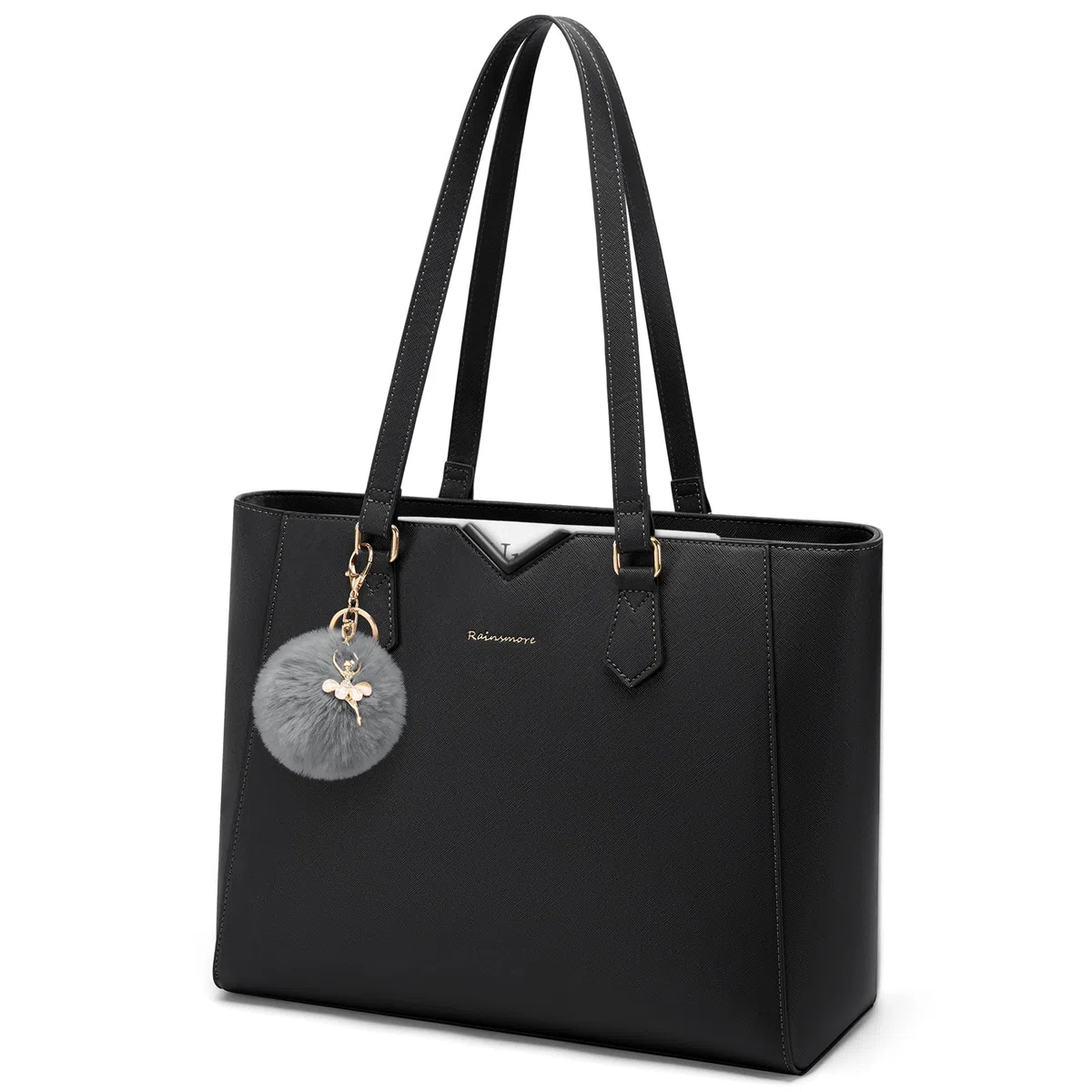 RAINSMORE Bolso Mujer Grande Bolso Universidad Impermeable Bolsos Shopper Tote Mujer para Portátil Cuero PU con Pompon Extraíble para Trabajo Escuela Viajes