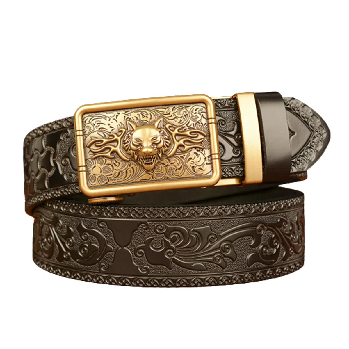 Cinturón De Trinquete Deslizante Filigrana Lobo Dorado Grabado En Relieve Cuero Hebilla Automática Hecha A Mano Ocio Ajustable 120 Cm Se Adapta A Cinturas 40 "-42" Negro