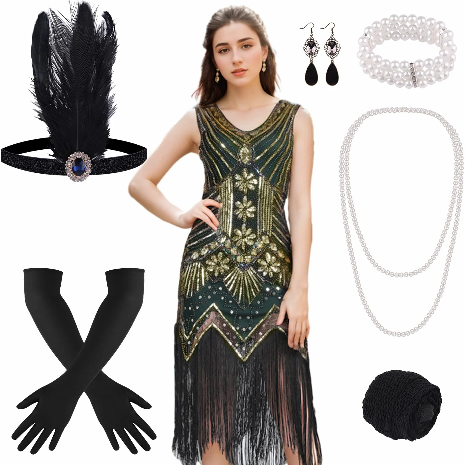 FEPITO Vestidos estilo flapper de los años 20 para mujer, vestido estilo Gran Gatsby con lentejuelas y flecos para mujer con accesorios de los años 20 (verde(estilo 3),Medium)