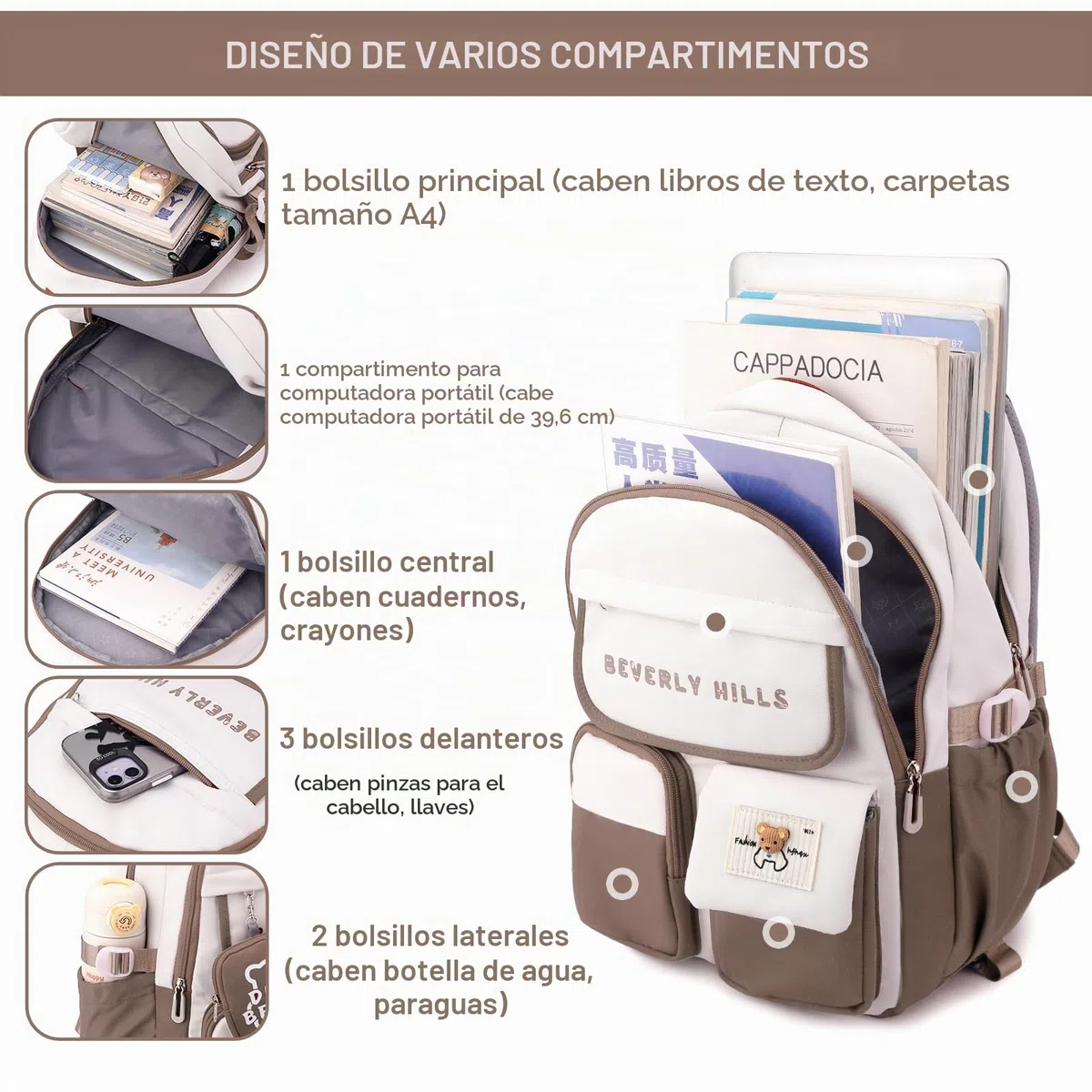 IvyH Mochila con Ruedas para Niñas Niños, Mochila Escolar Adolescentes 6 Ruedas, Carro Mochila Primaria para Chicas Chicos (Marrón)