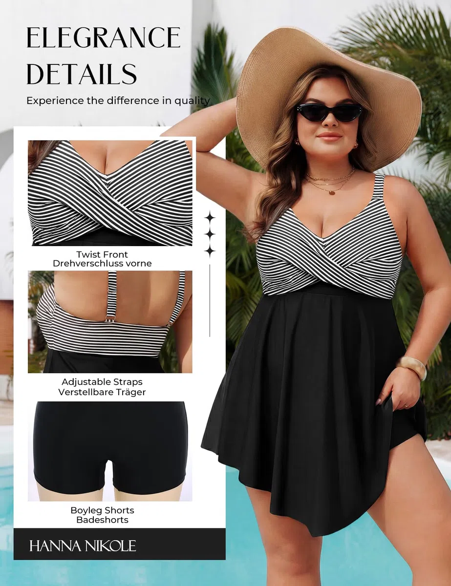 Hanna Nikole Traje de baño de una pieza con falda para mujer, talla grande, traje de baño push up, control de abdomen, traje de baño cruzado, monokinis, traje de baño con abertura y pantalones cortos