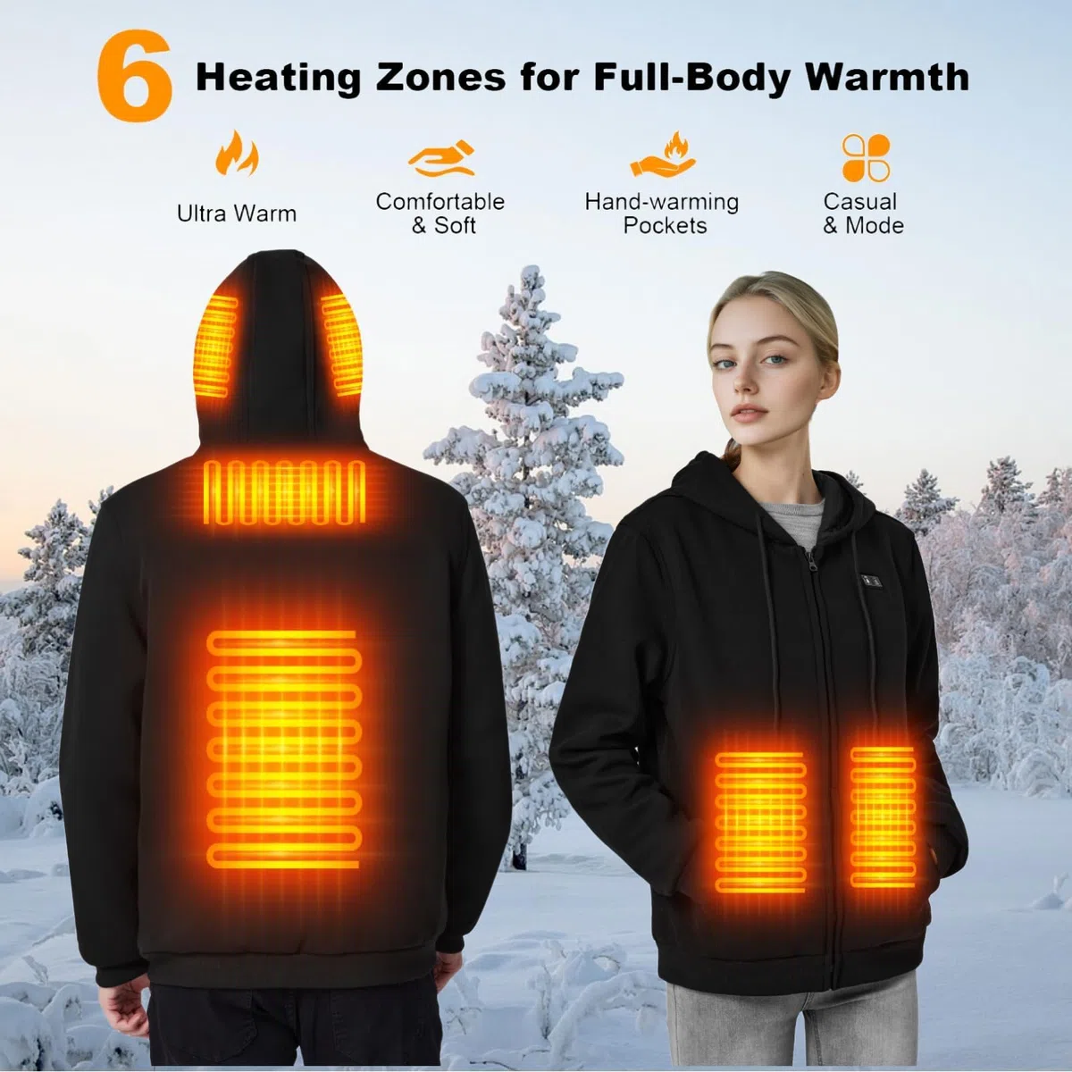 Sudadera Calefactable con Capucha para Hombre Mujer, Chaqueta Calefacción con Batería, 3 Niveles de Cálido, Calefacción con 6 Zonas, Abrigos