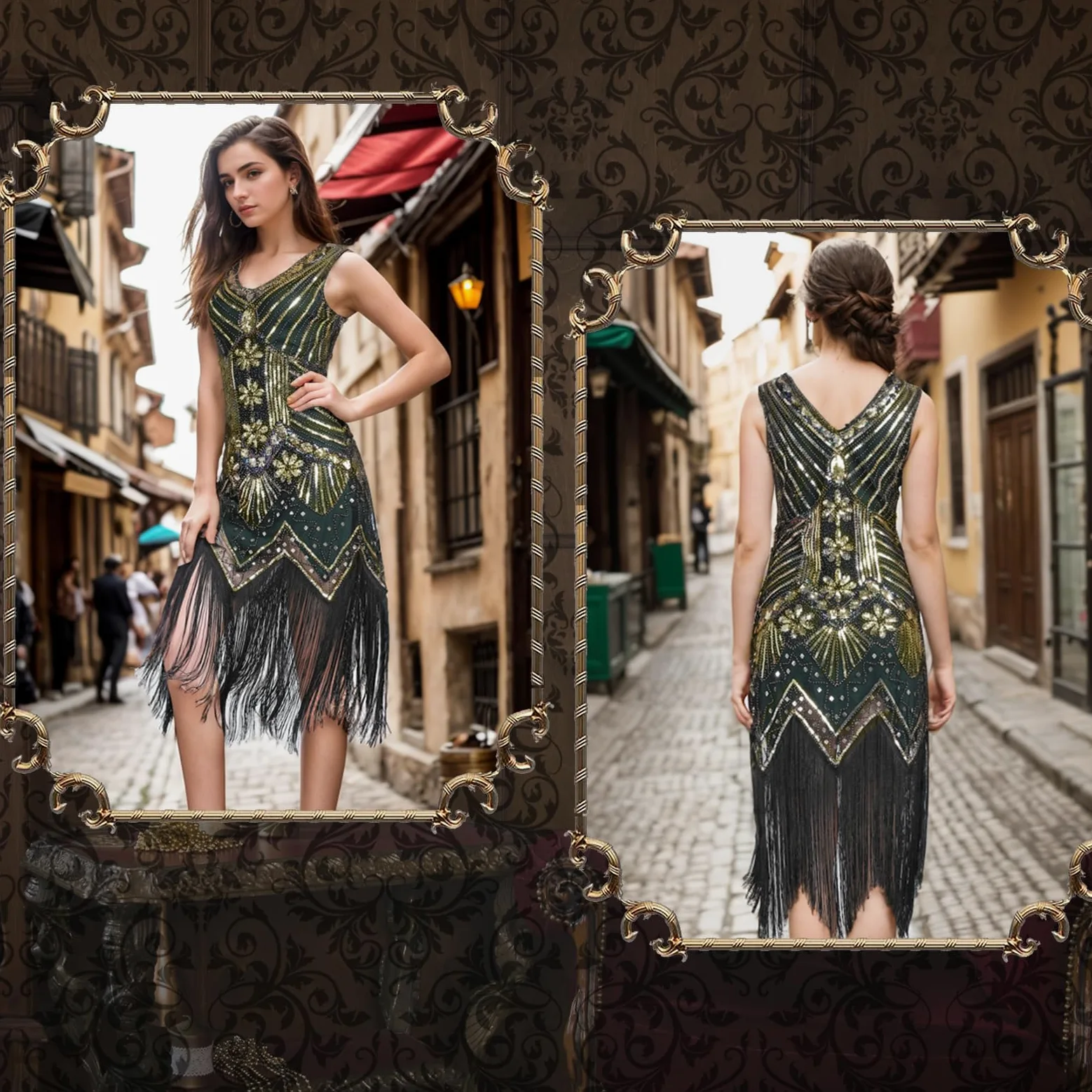 FEPITO Vestidos estilo flapper de los años 20 para mujer, vestido estilo Gran Gatsby con lentejuelas y flecos para mujer con accesorios de los años 20 (verde(estilo 3),Medium)