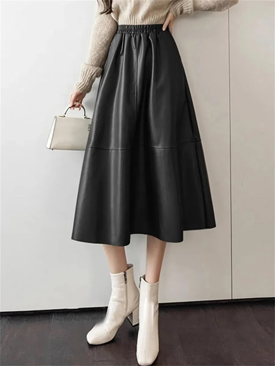 Wjnvfioo Elegantes faldas maxi de mujer cintura alta elástica falda de fiesta femenina vacaciones trabajo PU cuero faldas sueltas