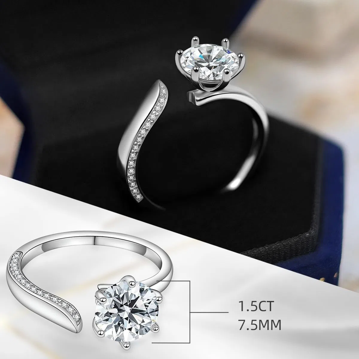 FEIKFEIZ Anillo de moissanita para mujer, diamante cultivado en laboratorio de 1-2CT, plata 925 bañada en oro blanco de 18K, anillo ajustable, anillo de compromiso.