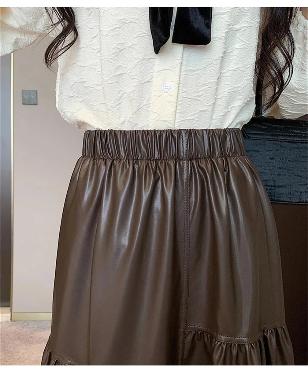 Otoño Invierno Irregular Faux PU Cuero Mujeres A-Line Falda Alta Cintura Recta Shirring Paraguas Faldas