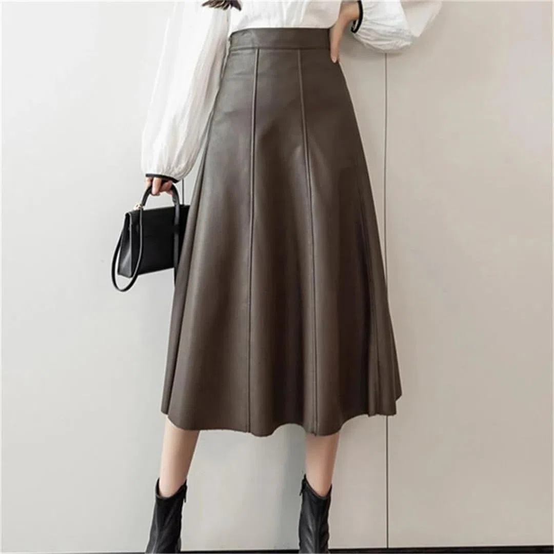 Otoño Invierno Mujeres PU Cuero Faldas Elegante Sólido Patchwork Cintura Alta A-Line Midi Falda