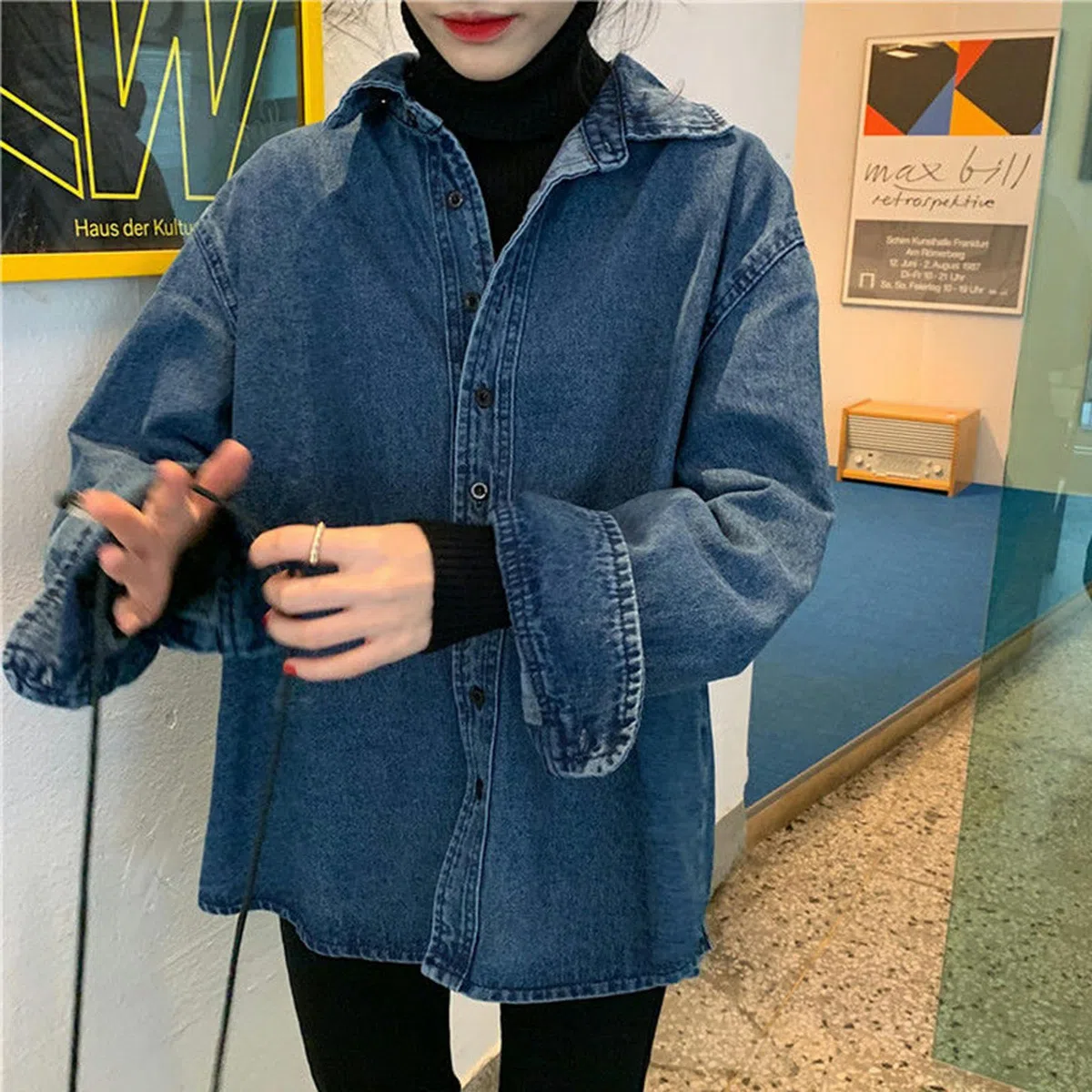 Camisa Vaquera de Manga Larga de otoño Camisa con Bolsillo de un Solo Pecho Camisa Vaquera de Solapa para Mujer Mujer-8335 Azul-XL