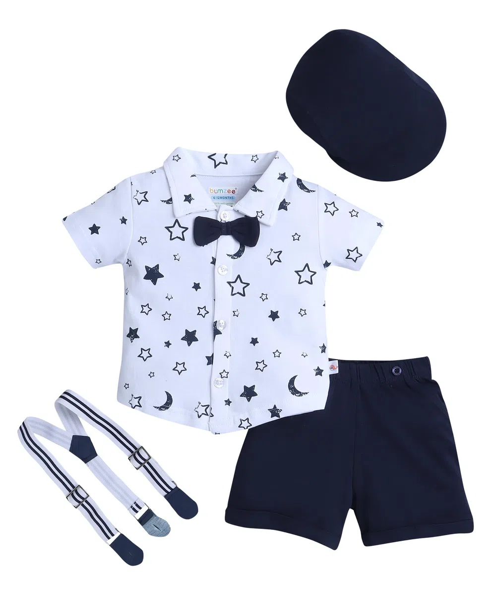 BUMZEE Conjunto de camisa y pantalón corto de algodón para niños, corte regular, media manga, cuello, cuello, camiseta de algodón y pantalones cortos con lazo, tirantes y gorra