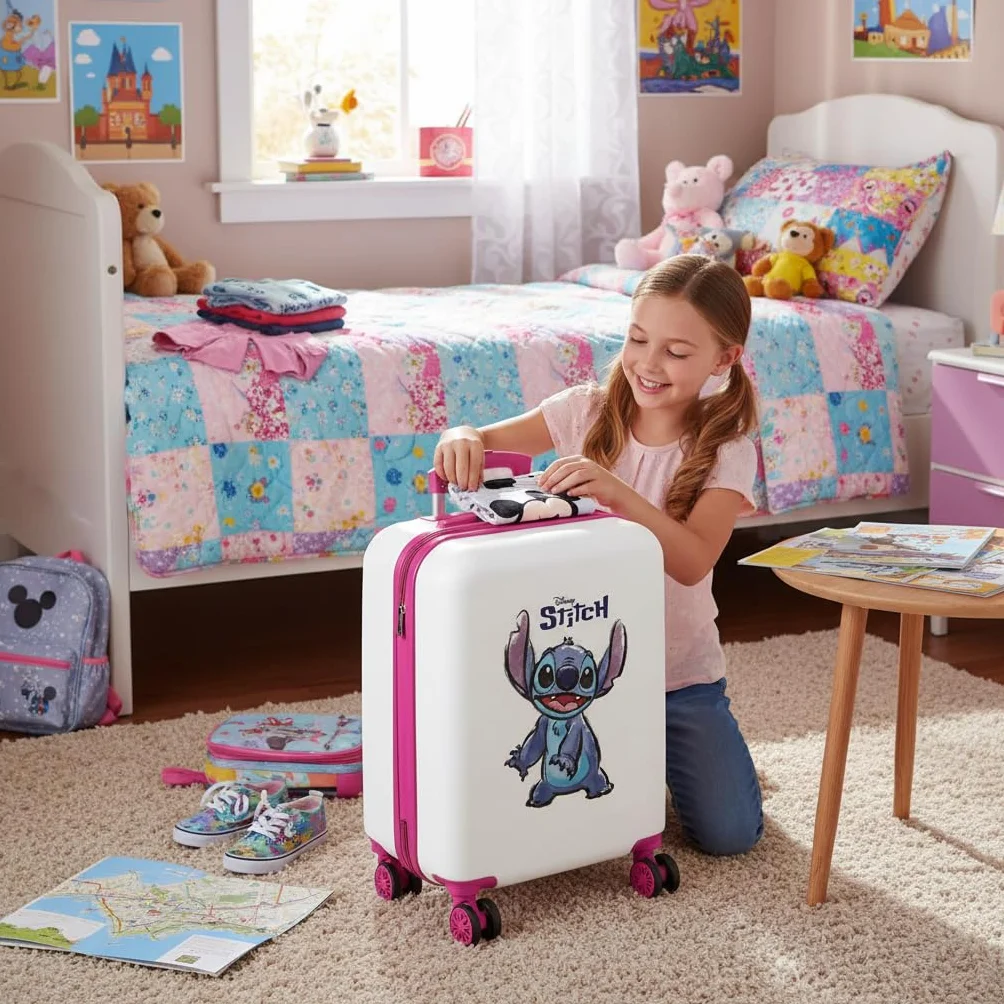 Disney Adorable Stitch, Maleta Infantil tamaño de Cabina, Equipaje para Niños Niñas, Happy, Maleta Cabina Fabricada en ABS,Rosa, 55 cm, 34L, Ruedas Dobles, Cierre de combinación Lateral. Joumma Bags