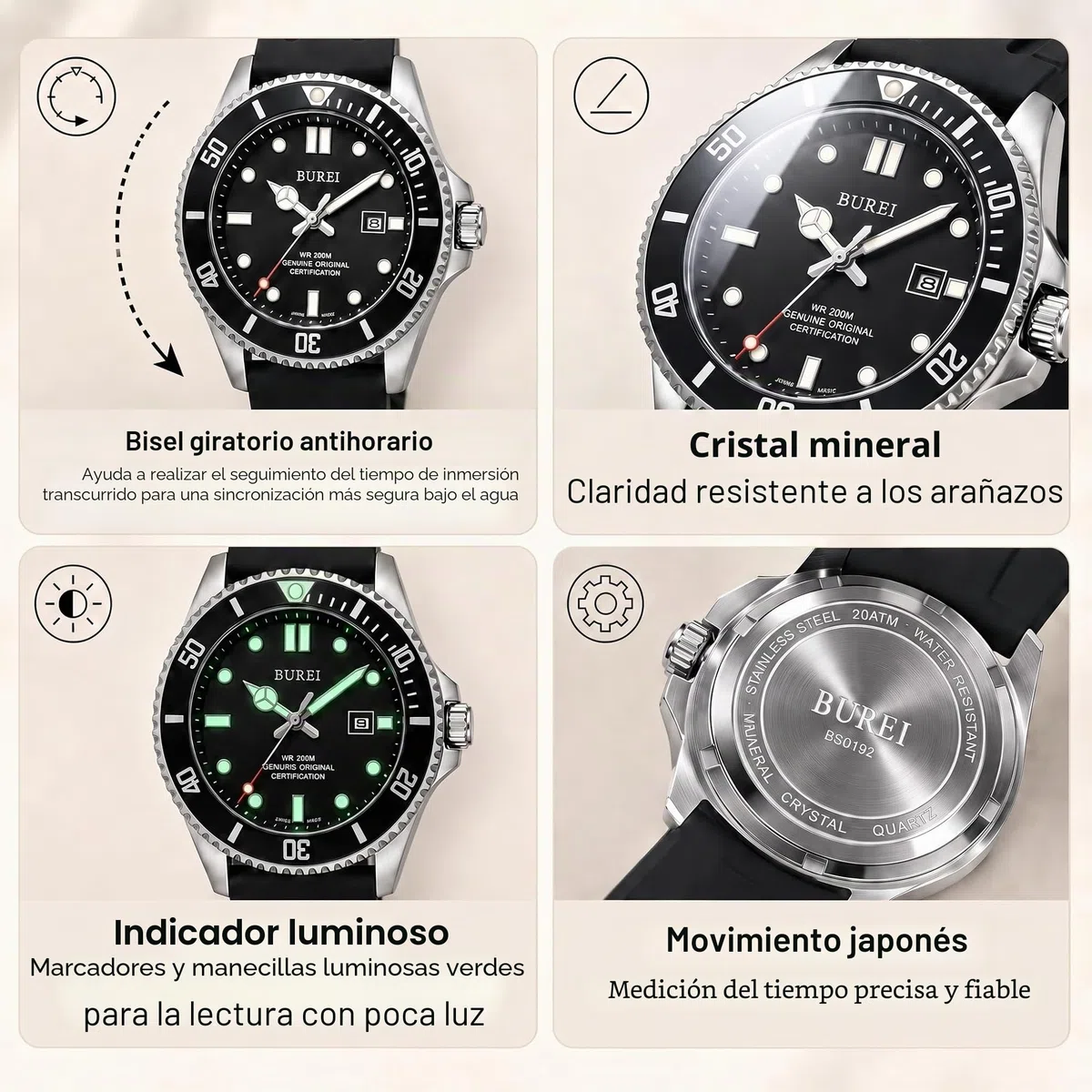BUREI - Reloj de Buceo para Hombre, Resistente al Agua hasta 200 m, Cuarzo analógico, de Acero Inoxidable, de Moda, clásico, para Trabajo y Negocios, con Fecha automática