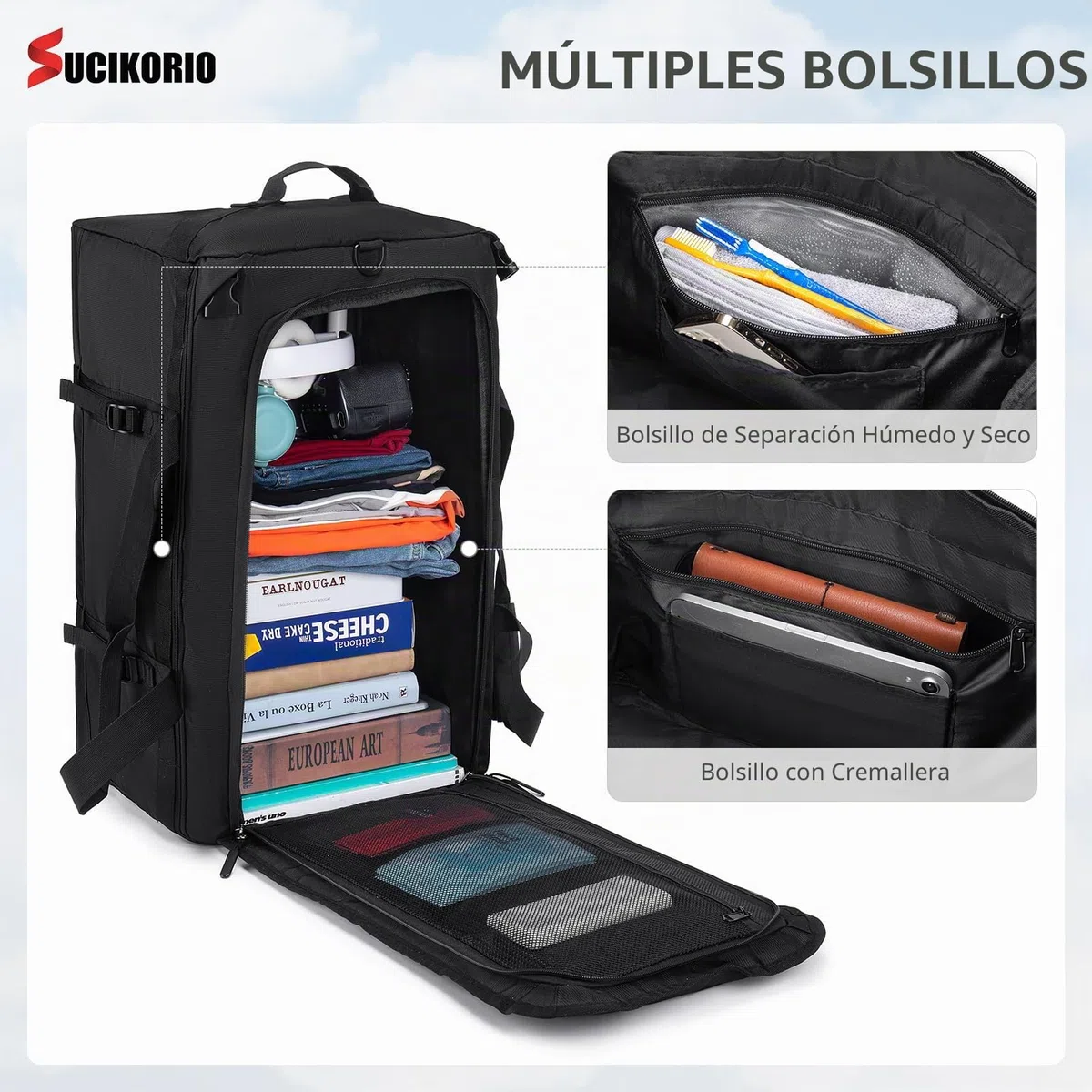 55x35x25cm KLM Bolsa Viaje Cabina Avion, 3 IN 1 Mochila Viaje Cabina Avion Impermeable Bolso de Mano Viaje Grande 50L Maleta Cabinas Travel Bag Bolsa Deporte con Bolsa Húmeda Mujer Hombre