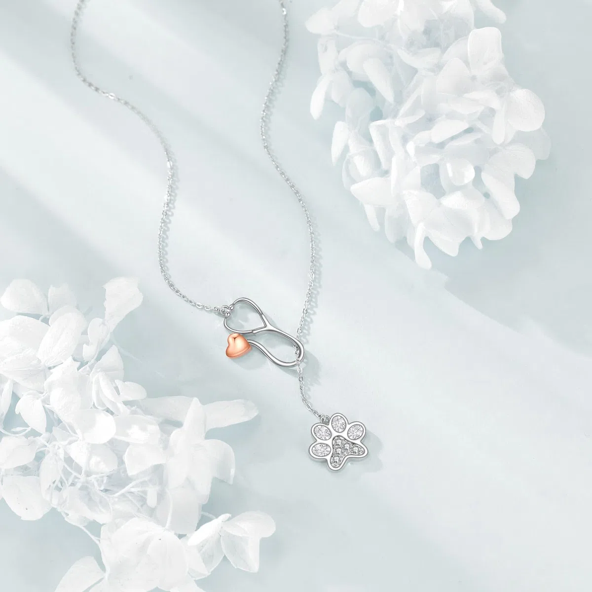 Collar veterinario de plata de ley con estetoscopio de pata lariat para veterinarios, regalo para mujer, Plata esterlina