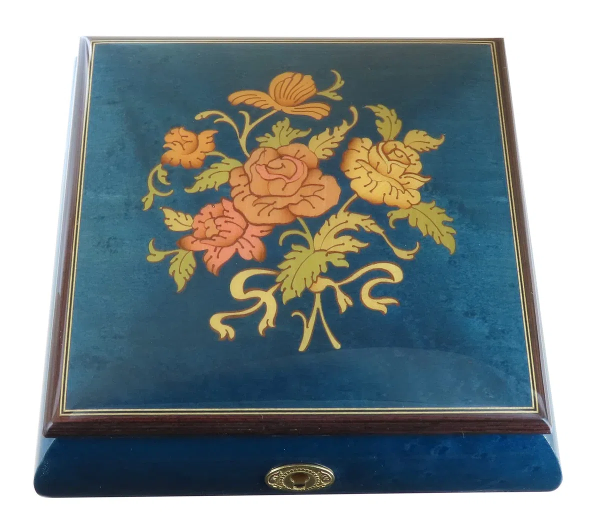 Joyero musical/caja de música para joyas de madera teñida de azul con marquetería ramo de flores y mecanismo musical de resorte de 18 notas - Over the rainbow - El mago de Oz (Harold Arlen).