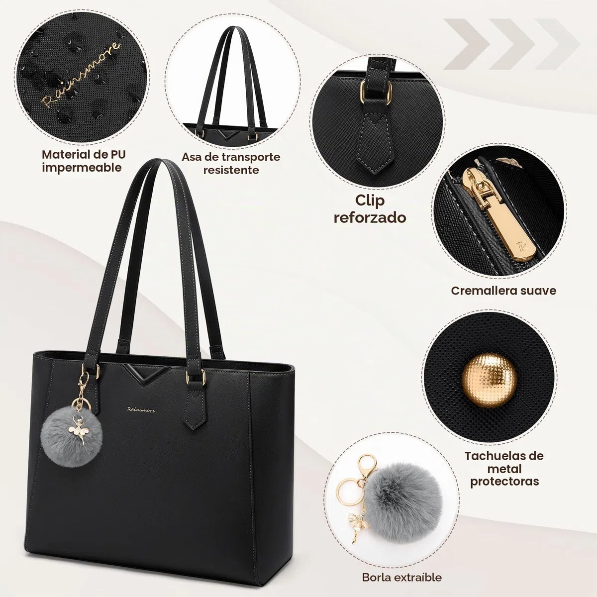 RAINSMORE Bolso Mujer Grande Bolso Universidad Impermeable Bolsos Shopper Tote Mujer para Portátil Cuero PU con Pompon Extraíble para Trabajo Escuela Viajes