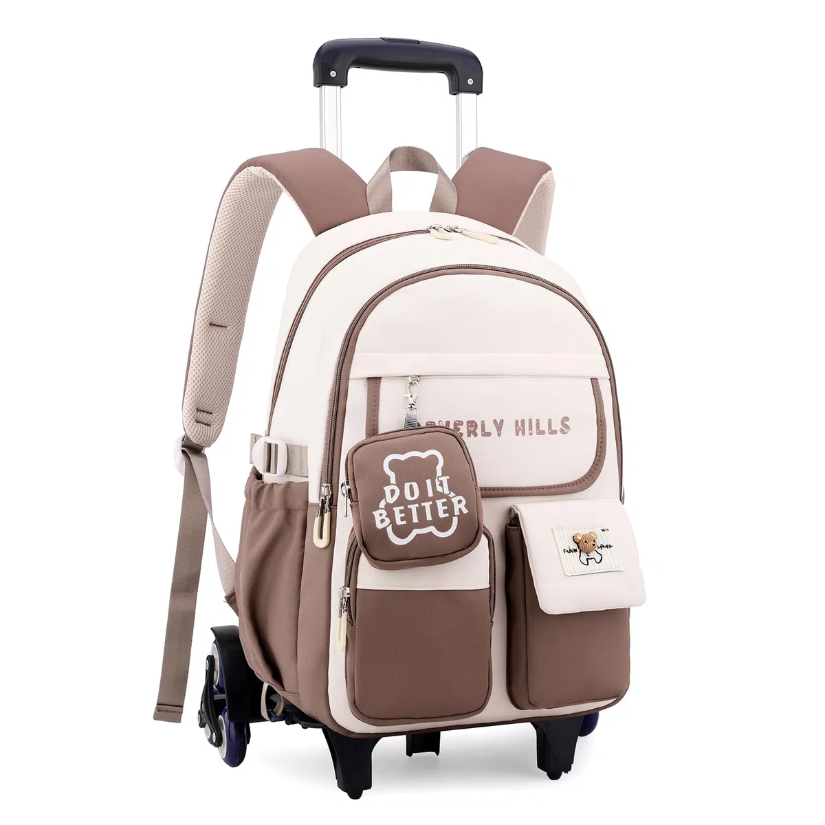 IvyH Mochila con Ruedas para Niñas Niños, Mochila Escolar Adolescentes 6 Ruedas, Carro Mochila Primaria para Chicas Chicos (Marrón)