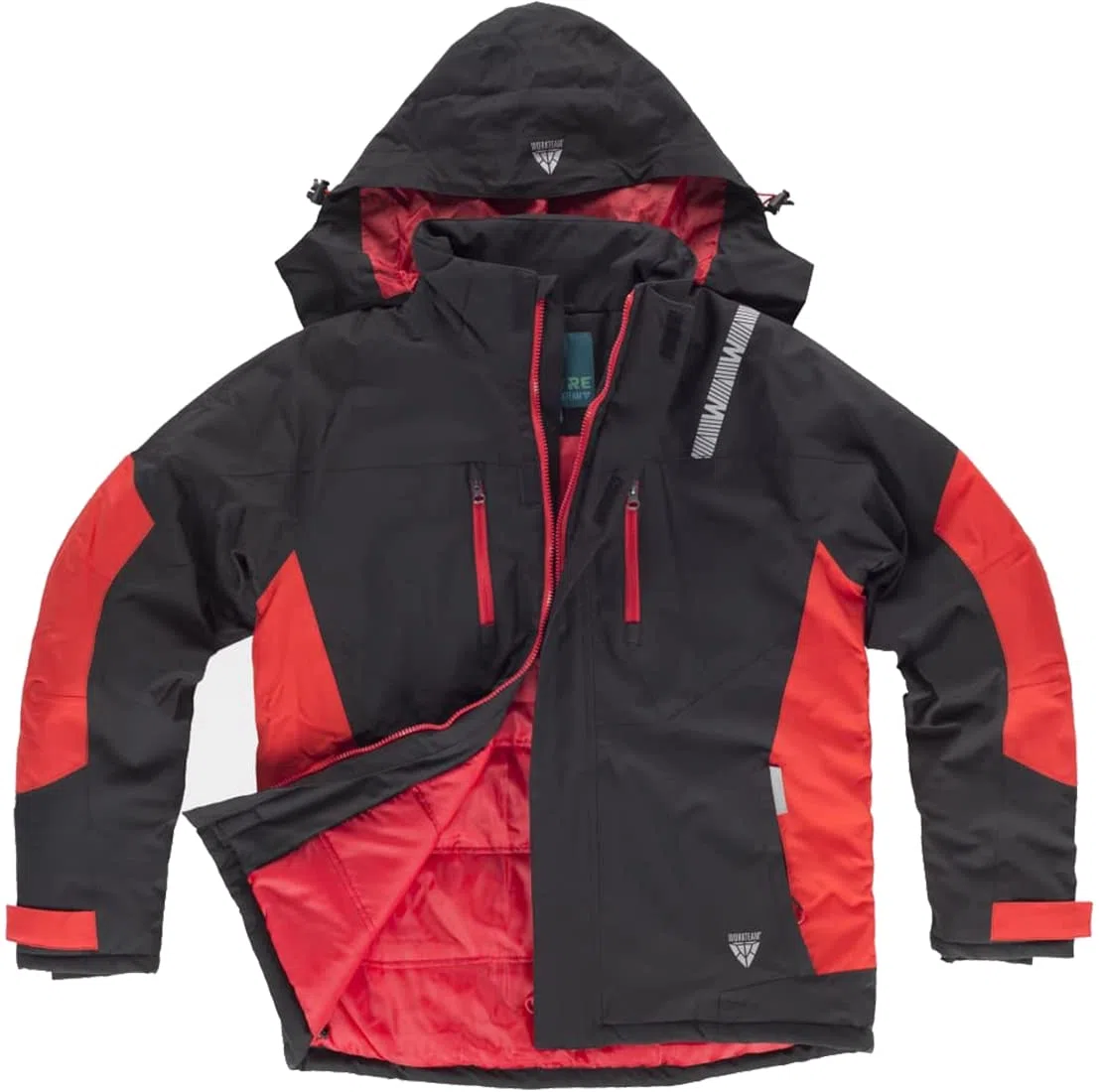 Teamwork WORKTEAM Parka con capucha combinada y detalles reflectantes, Acolchada. Ideal para trabajo, tiempo libre, etc. Unisex Negro+Rojo-XXL