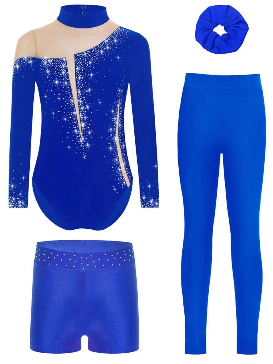 TiaoBug Maillot De Baile Gimnasia Para Niña Leotardo Manga Larga Y Leggings Cortos Elásticos + Banda Para El Cabello Mono Deportivo Elástico