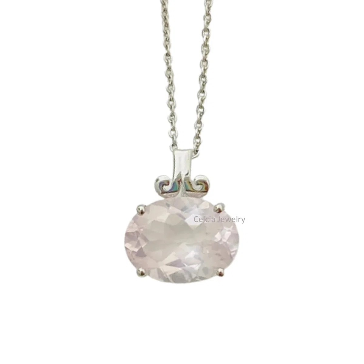 Collar de plata de ley 925 sólida para mujer, piedra preciosa ovalada de cuarzo rosa de punta genuina, collar de piedra natal de octubre único hecho a mano