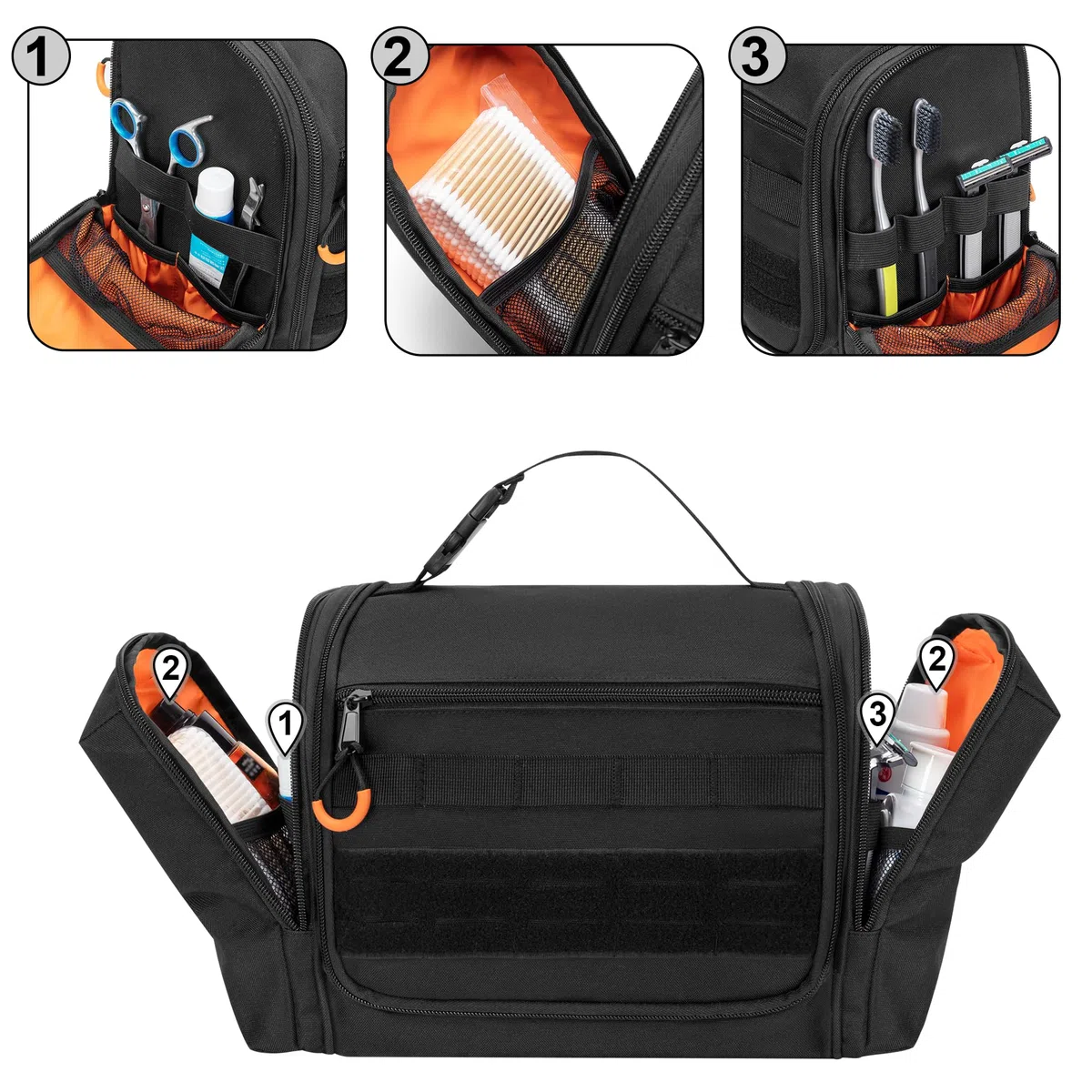 Neceser táctico de viaje para hombres, kit de aseo colgante, bolsa de higiene, organizador de ducha con gancho para artículos de tocador y cuidado del afeitado (bolsa vacía), Negro