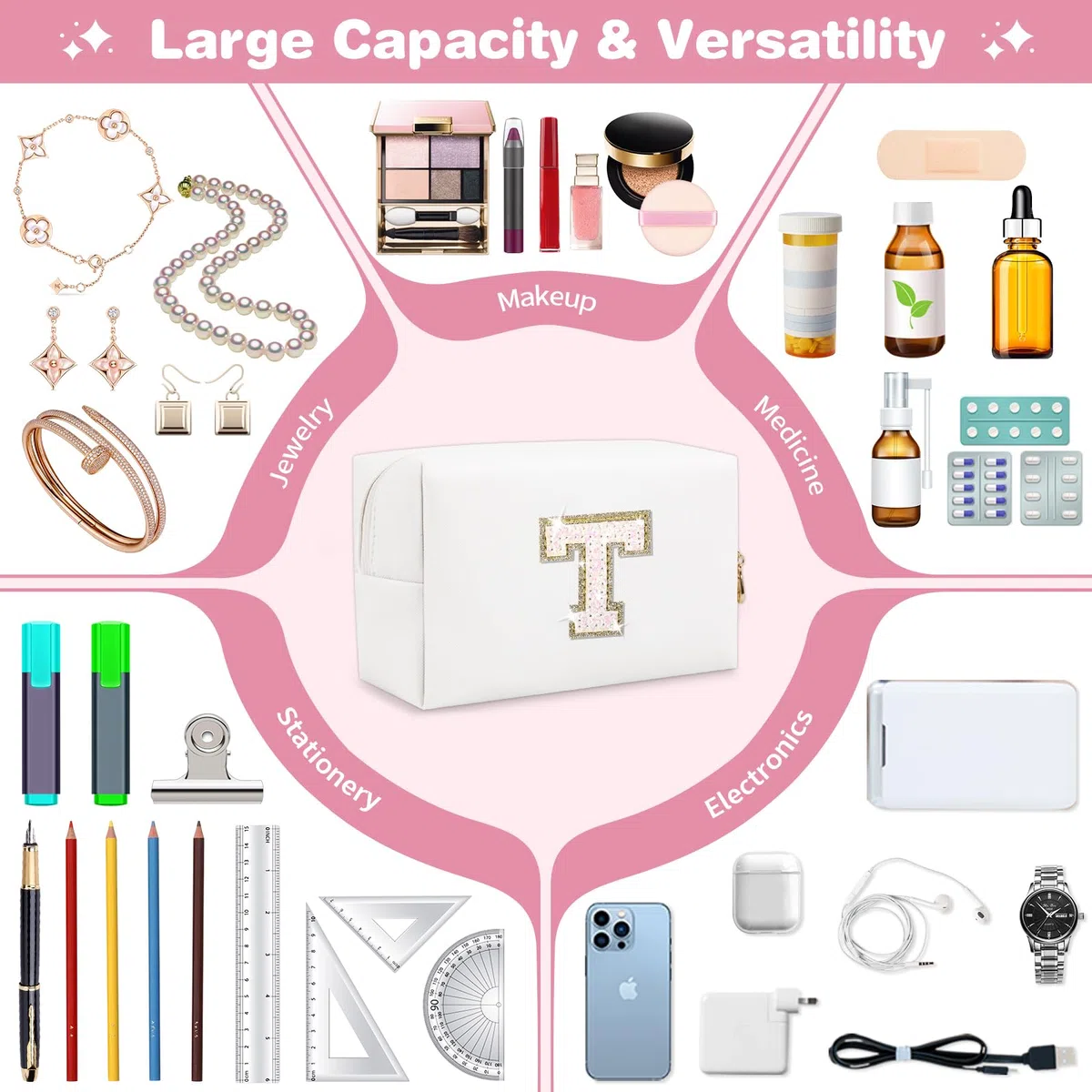 Neceser Personalizado de la A a la Z, Bolsa de Viaje pequeña con Cremallera, Bonita Bolsa de Aseo Blanca, Regalo para niñas y Mujeres cumpleaños, White, T, Preppy, Personalizado