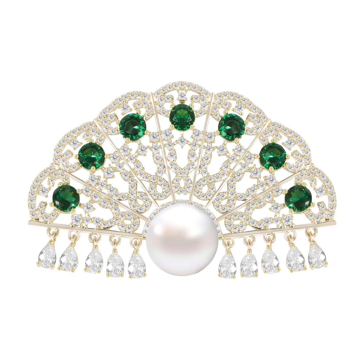 Broches para Mujer, Estilo clásico de Abanico, con circonita cúbica y Perla. Broche de Solapa de Seguridad.