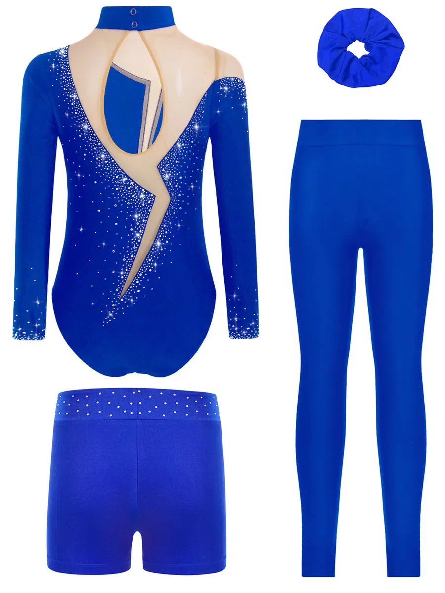 TiaoBug Maillot De Baile Gimnasia Para Niña Leotardo Manga Larga Y Leggings Cortos Elásticos + Banda Para El Cabello Mono Deportivo Elástico