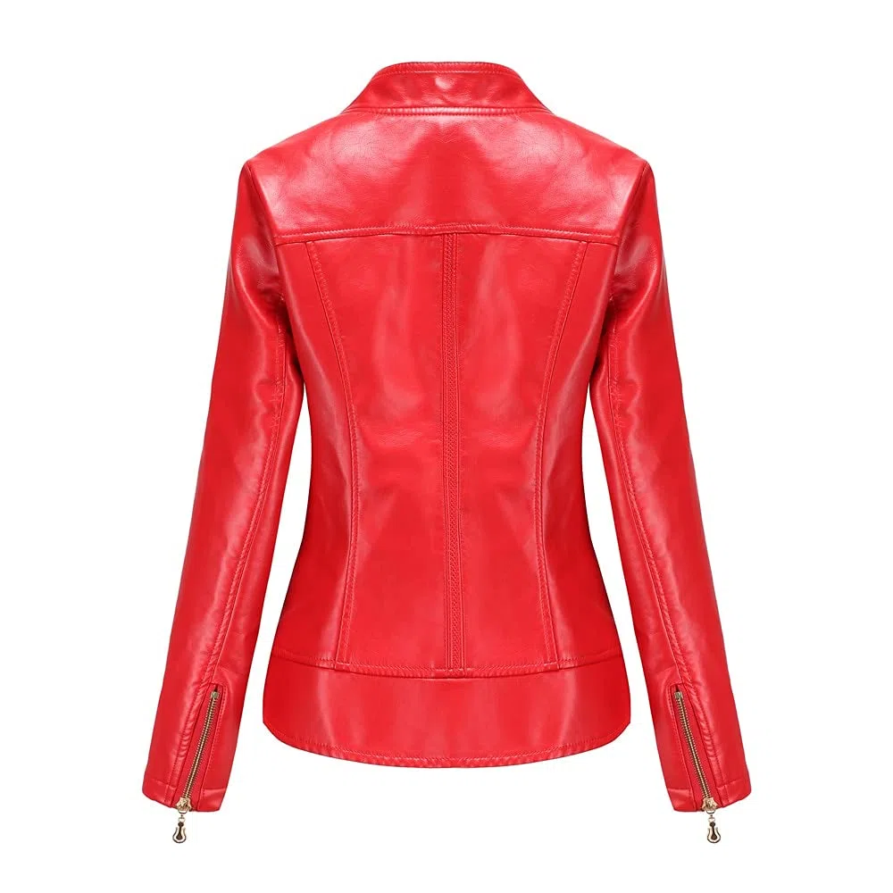 Primavera Otoño Cuello De Giro Dama Faux Chaquetas De Cuero Mujeres Solid A Motor Solid (Color : Black, Size : Small)