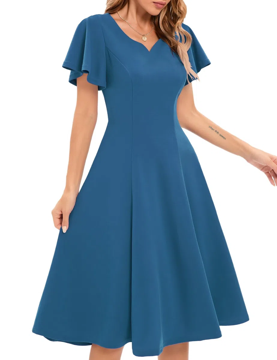 HomRain Vestidos de cóctel de manga con volantes para invitados de boda, vestido de fiesta largo hasta el té