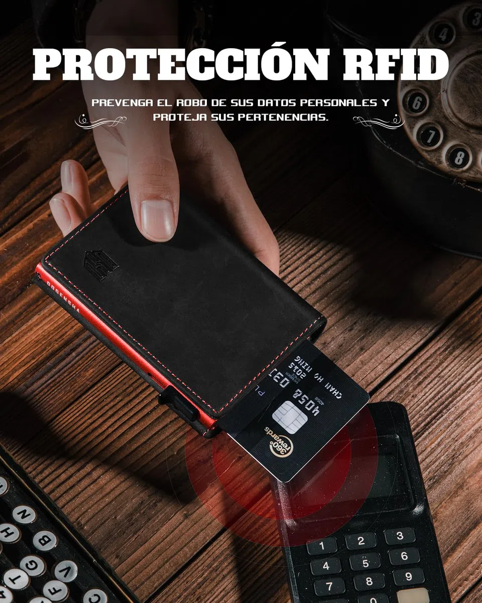 DODENSHA Cartera de Hombre Portátil de Cuero Genuino Marrón con Protección RFID, 10+ Tarjetas de Crédito, Portamonederos, Cierre Magnético, negro / rojo, 10cm x 6.5cm x 2cm, Minimalista