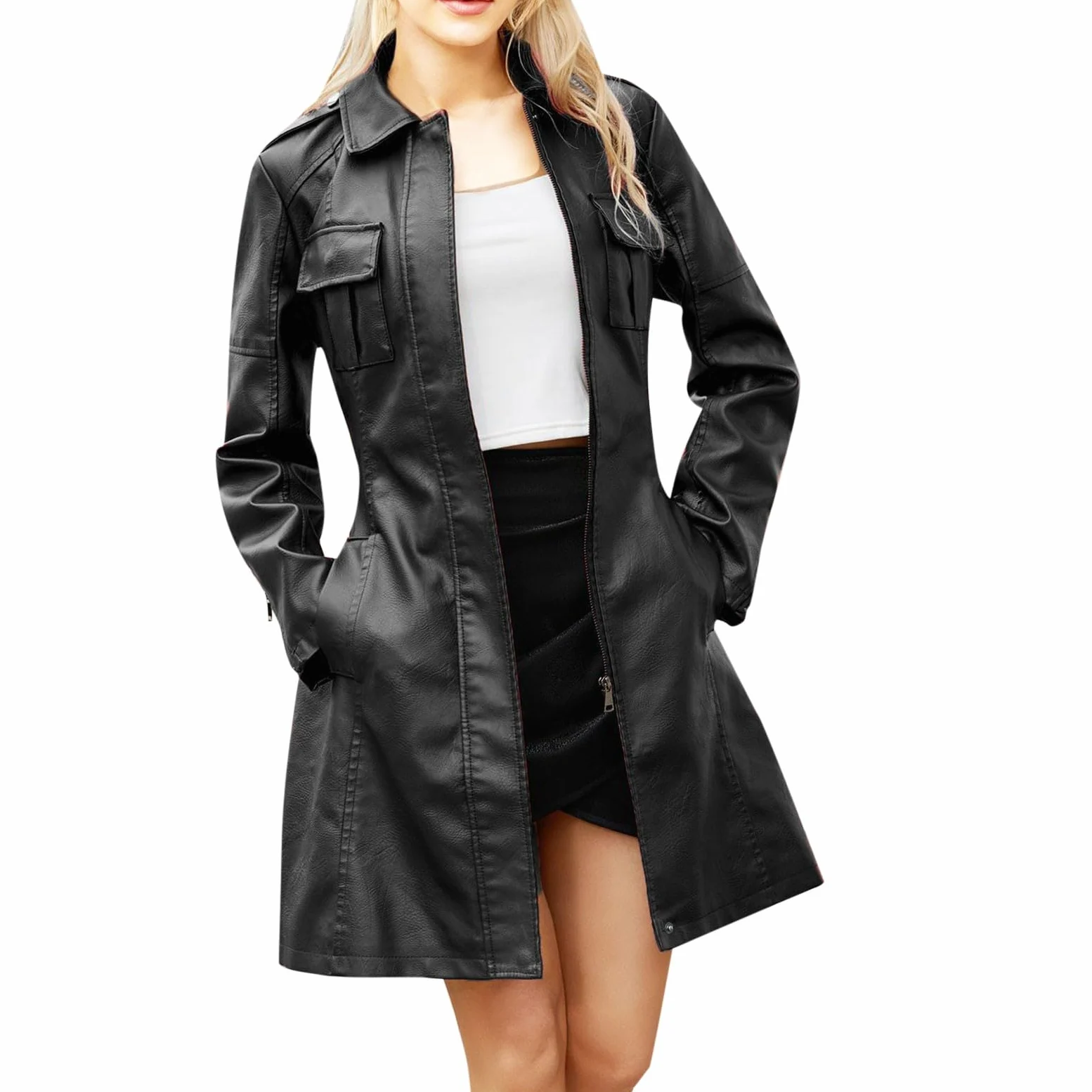 Generisch Chaqueta de cuero para mujer de longitud media con cinturón de manga larga chaqueta cortavientos británica abrigo de cuero para mujer 2025