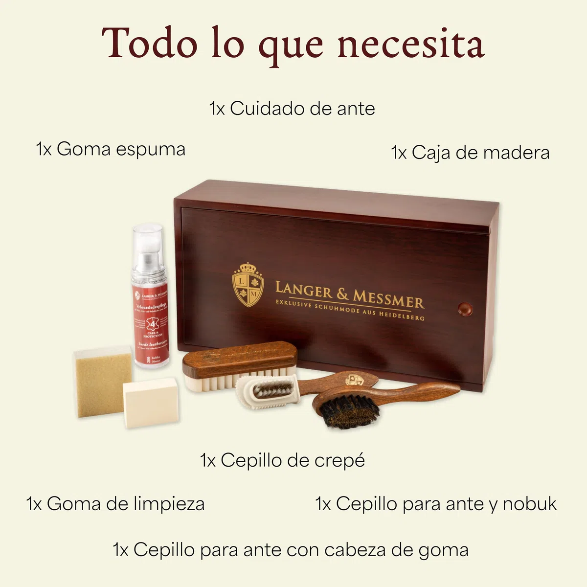Langer & Messmer caja limpieza zapatos de alta calidad sin contenido o con set de cuidado de varias piezas con cremas para el cuidado, cepillos para zapatos y paños de algodón modelo Mannheim