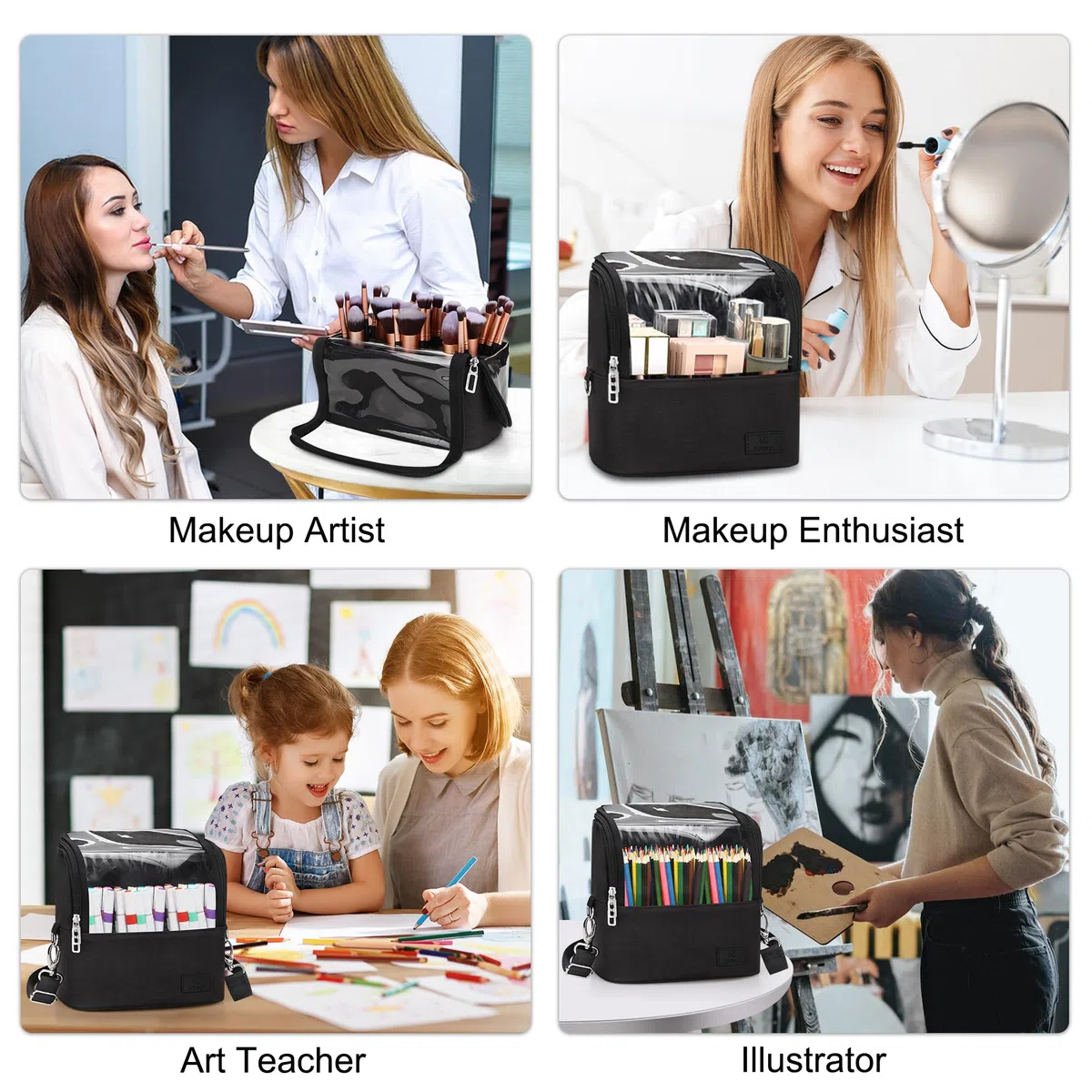 Neceser de maquillaje, bolsa para pinceles de maquillaje, organizador de maquillaje, bolsa de aseo de pie, resistente al agua, maletín de cosméticos con divisor ajustable, para mujeres y niñas