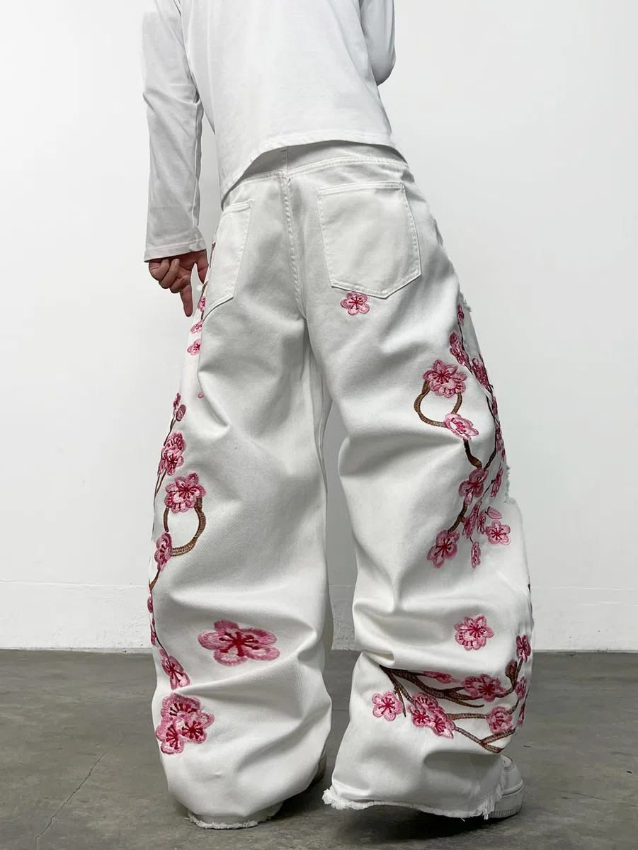 Pantalones de mezclilla holgados para hombre, estilo hip hop, bordados, pierna ancha, pantalones de mezclilla holgados