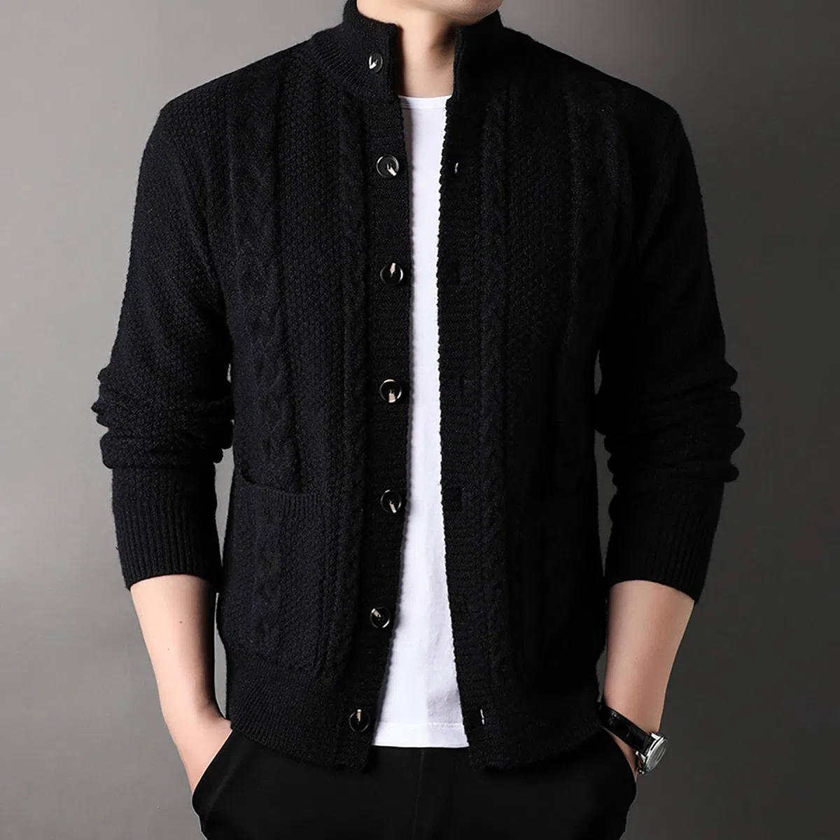 Cardigans Hombre Invierno, Chaqueta De Punto Hombre con Cuello Jersey Elástico Manga Larga De Punto con Botones Elegante Y Ajustado Suéter Ligero Y Cárdigan para Otoño Invierno