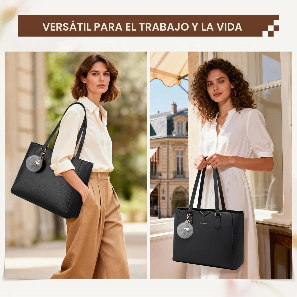 RAINSMORE Bolso Mujer Grande Bolso Universidad Impermeable Bolsos Shopper Tote Mujer para Portátil Cuero PU con Pompon Extraíble para Trabajo Escuela Viajes