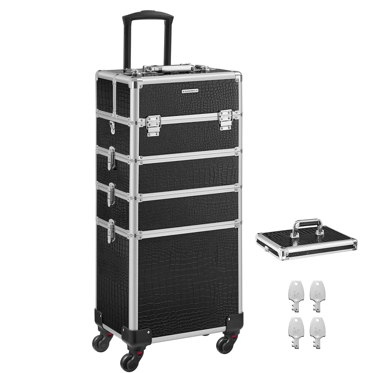 SONGMICS Maleta de Maquillaje Profesional, Maletín para Cosméticos 4 en 1, Extra Grande, Maletín de Peluquería, Con Tapa, 35 x 25 x 79 cm, Cerradura, Ruedas 360°, para Viaje, Regalo, Negro JHZ06B
