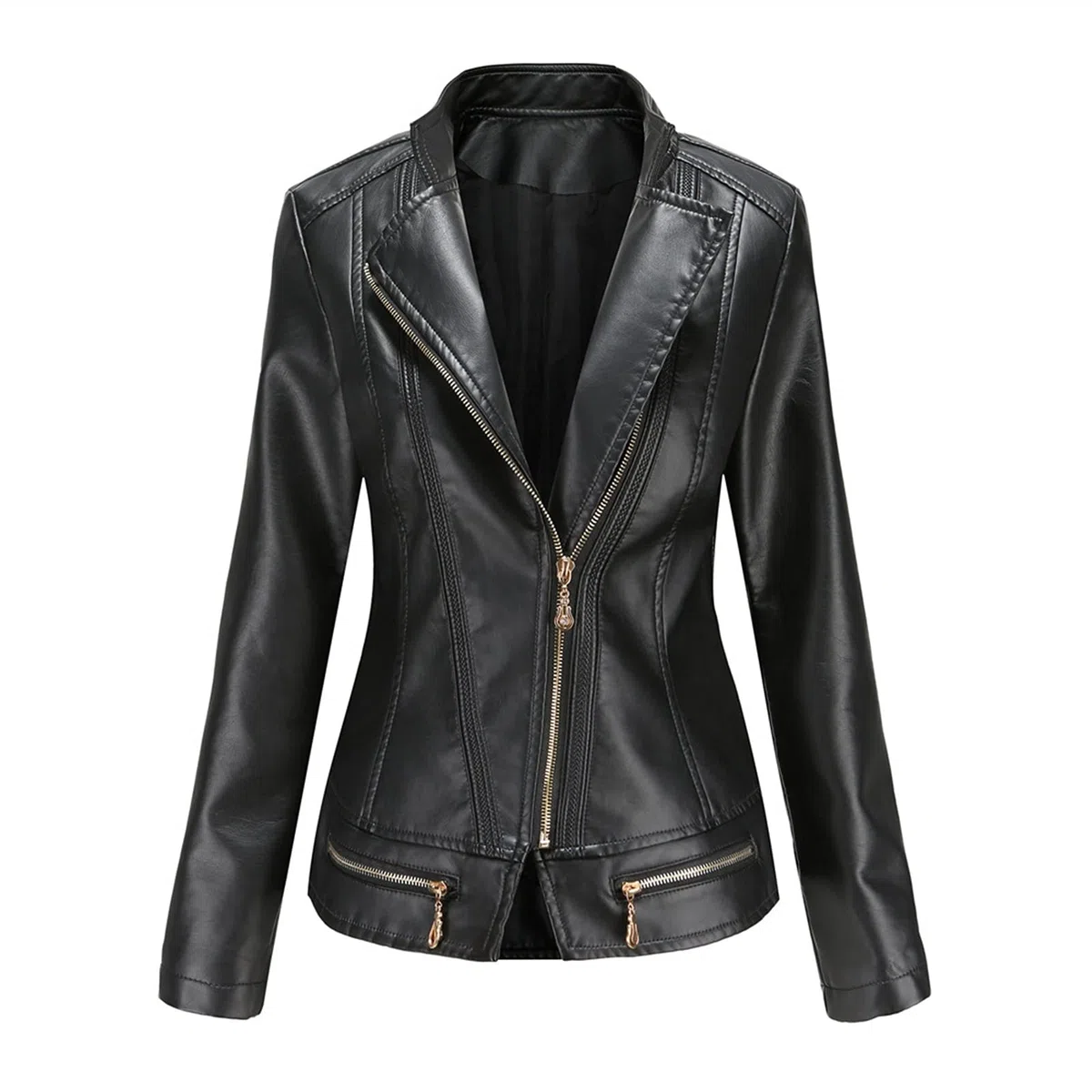 Primavera Otoño Cuello De Giro Dama Faux Chaquetas De Cuero Mujeres Solid A Motor Solid (Color : Black, Size : Small)