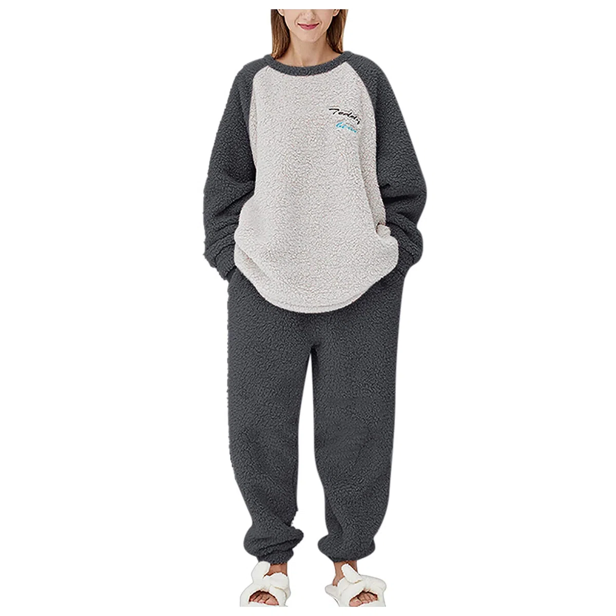 Pijamas de invierno y otoño para mujer, con bloques de color, manga raglán, conjunto cómodo de forro polar cálido, conjunto de pijama de dos piezas, pijama de algodón ligero para mujer, pijama de