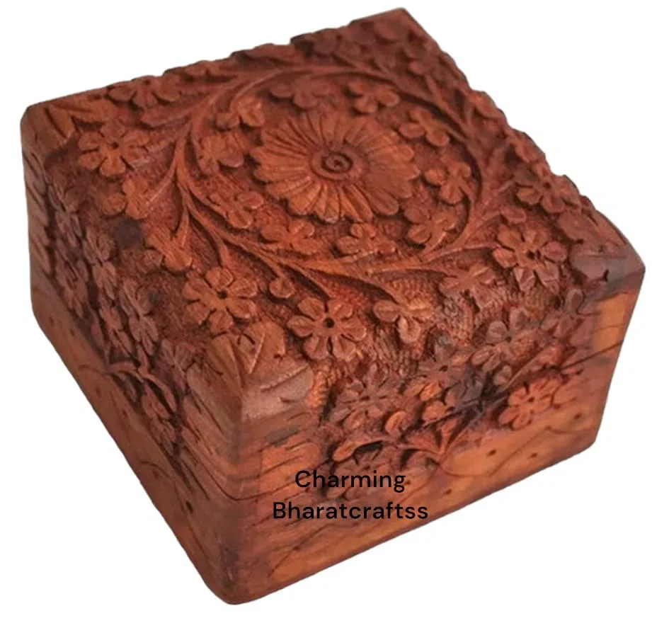 Joyero de palisandro tallado a mano tradicional artesanal de la India Inside