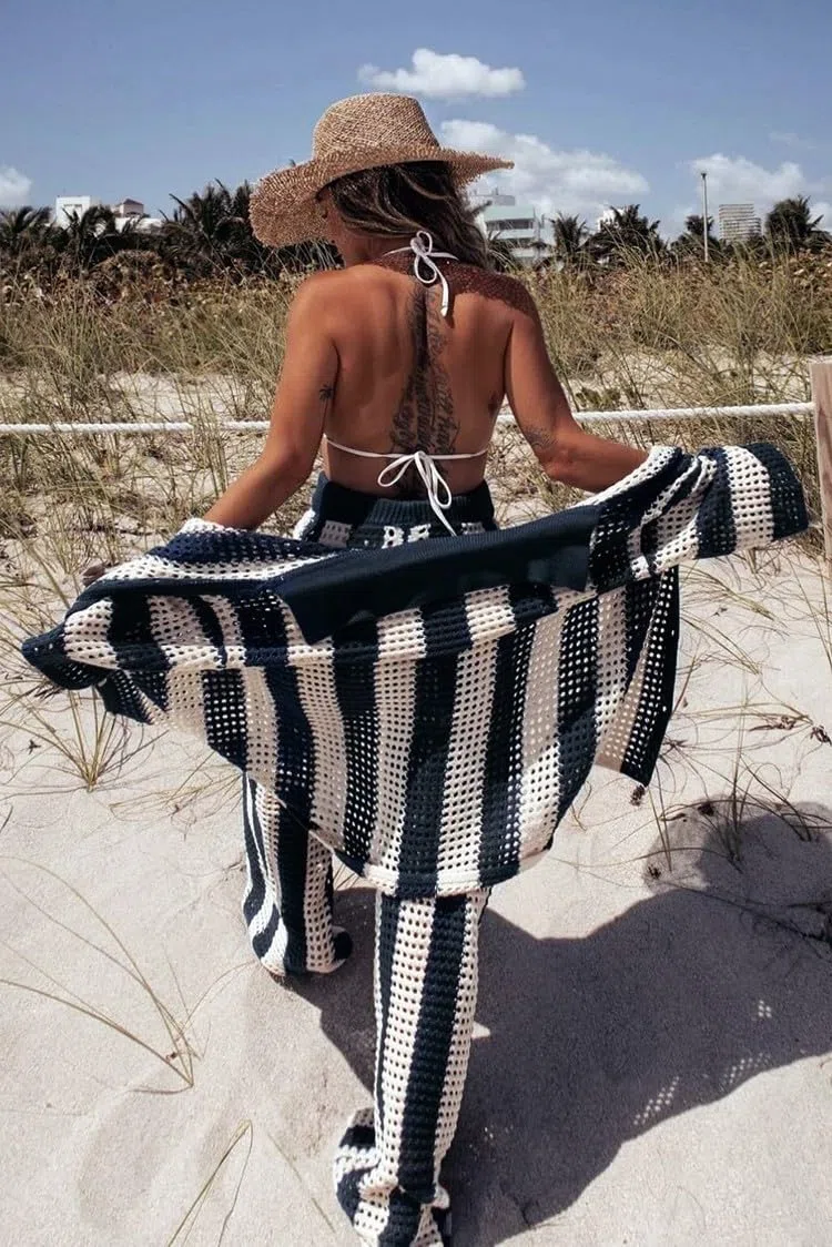 loveimgs Conjunto de 2 piezas de verano de punto de ganchillo a rayas de manga corta con botones y pantalones de pierna ancha