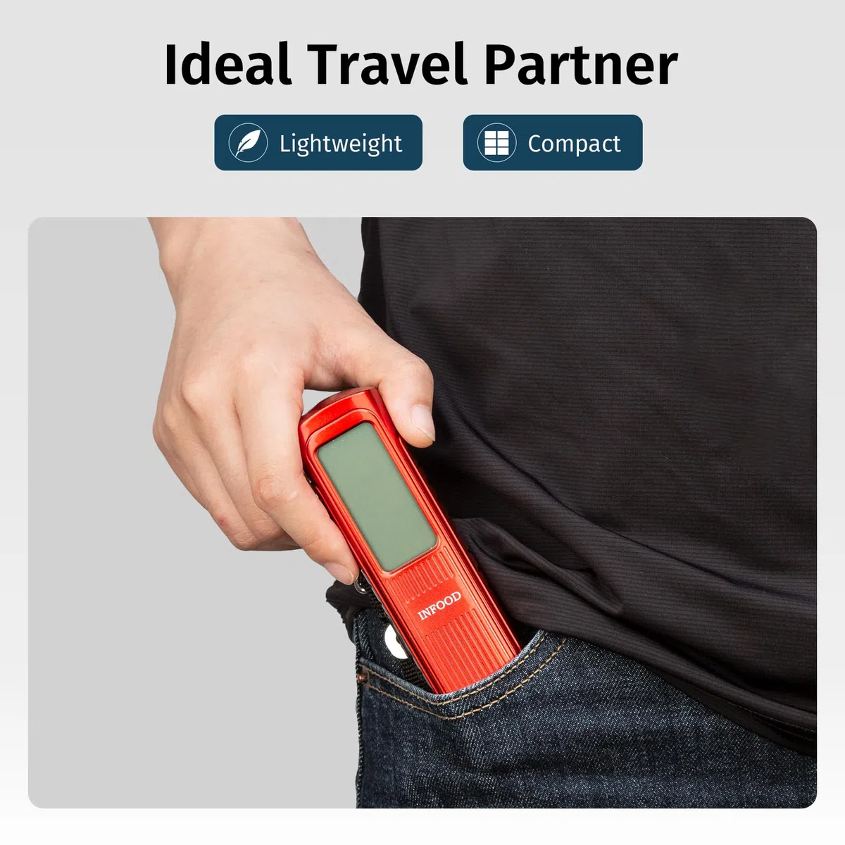 Infood Báscula digital de equipaje sin batería, báscula de peso de maleta con gancho y pantalla LCD para viajes, capacidad de 110 libras/50 kg, color rojo