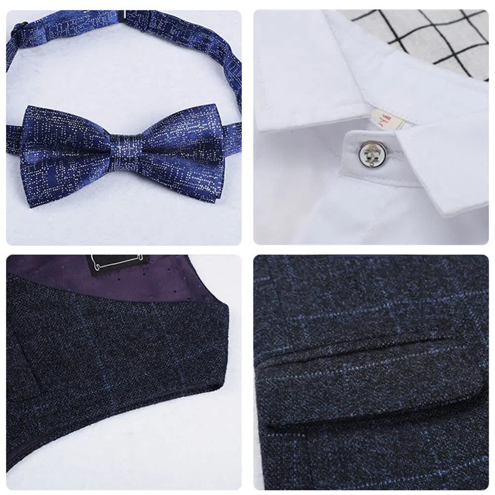 DAIHAN Traje Comunión de Tweed de niño Actuación Cumpleaños Fiesta de Bodas Traje de Fiesta de Esmoquin Pantalones de Chaqueta de Solapa con Pajarita Conjunto de Trajes de Bautizo de Caballero