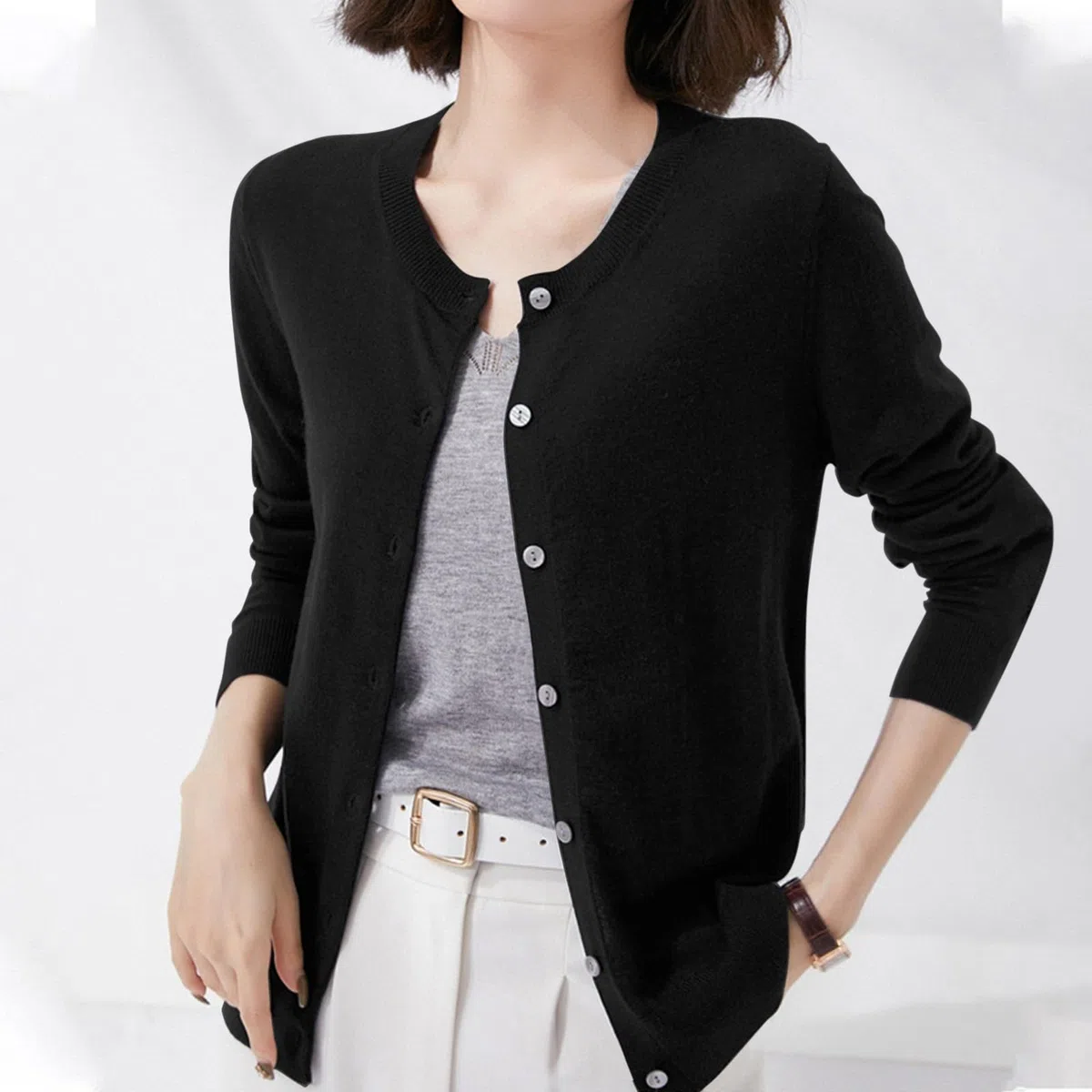 Generisch Cárdigan de punto para mujer, ligero, corte ajustado, chaqueta de punto de manga larga con cuello redondo y parte delantera abierta