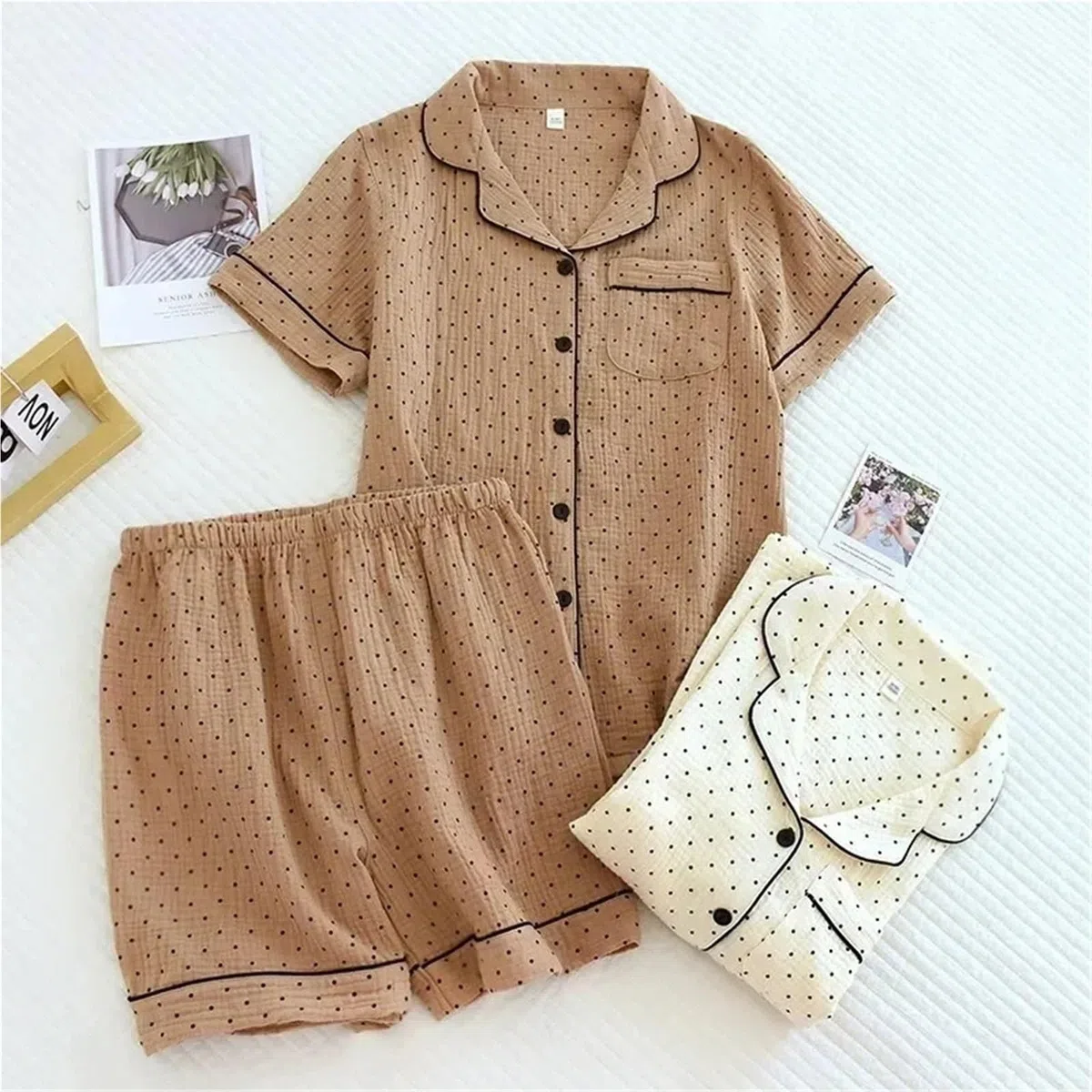 Pijamas de Gasa algodón for Mujer, Ropa Dormir con Dibujo Lunares, Conjunto 2 Piezas for Primavera, for, Verano para Descanso en casa