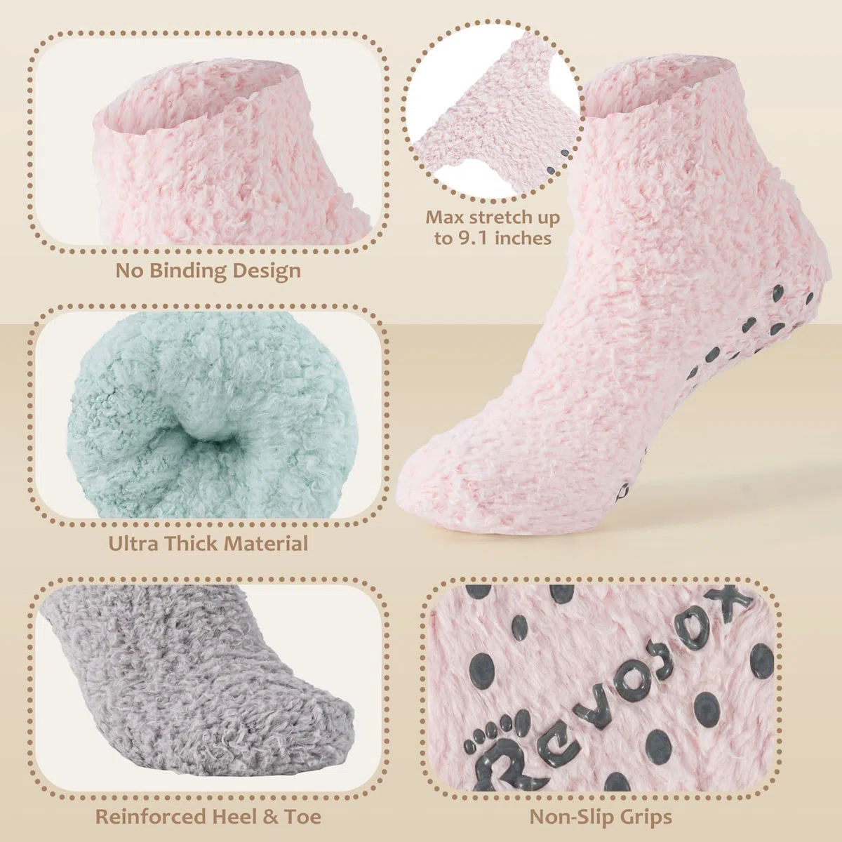 Revosoxs Calcetines de agarre de hospital para mujer, calcetines antideslizantes al tobillo con perfume de aloe vera, pantuflas gruesas y cálidas, calcetines acogedores y esponjosos con agarres,