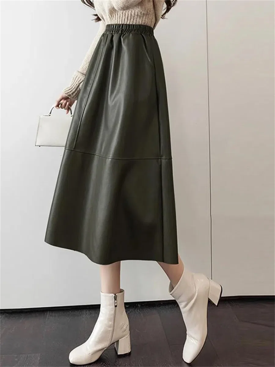 Wjnvfioo Elegantes faldas maxi de mujer cintura alta elástica falda de fiesta femenina vacaciones trabajo PU cuero faldas sueltas