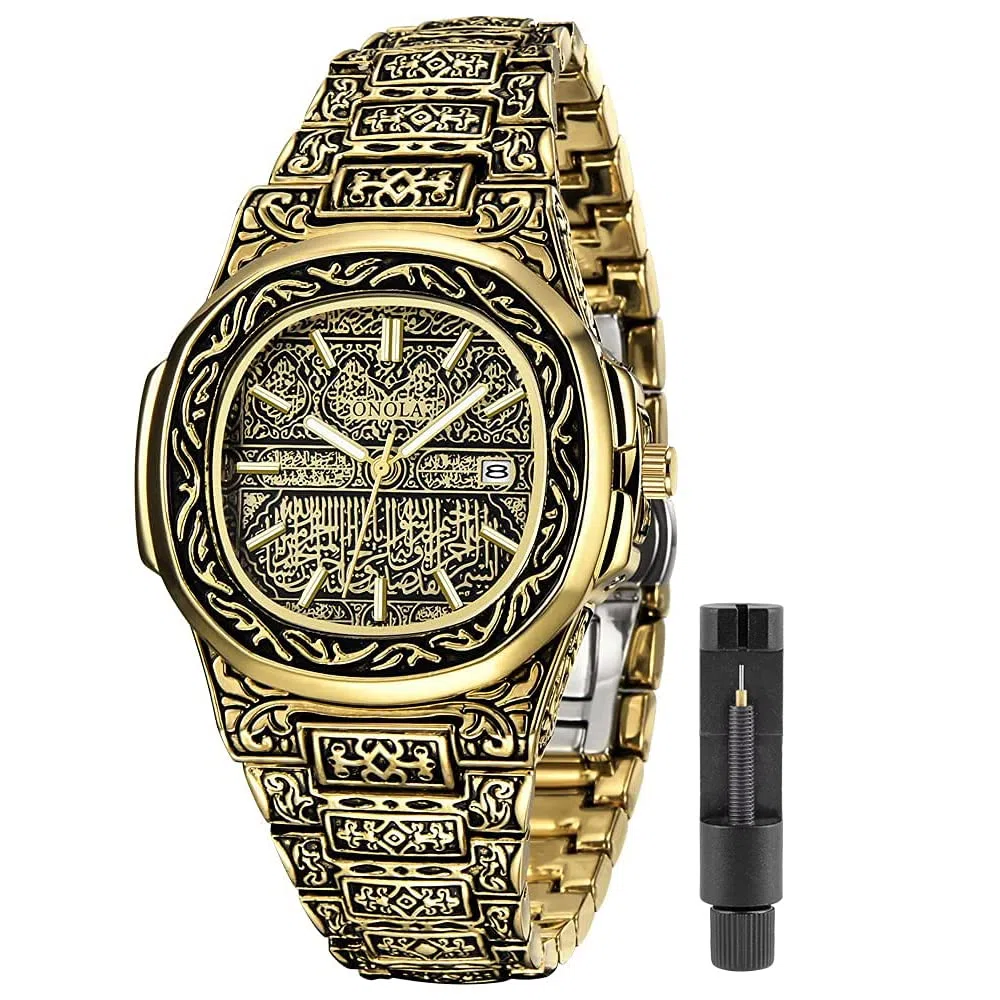 Relojes de cuarzo retro de los hombres con patrón de tatuaje tallado pulsera de acero inoxidable calendario impermeable reloj de pulsera